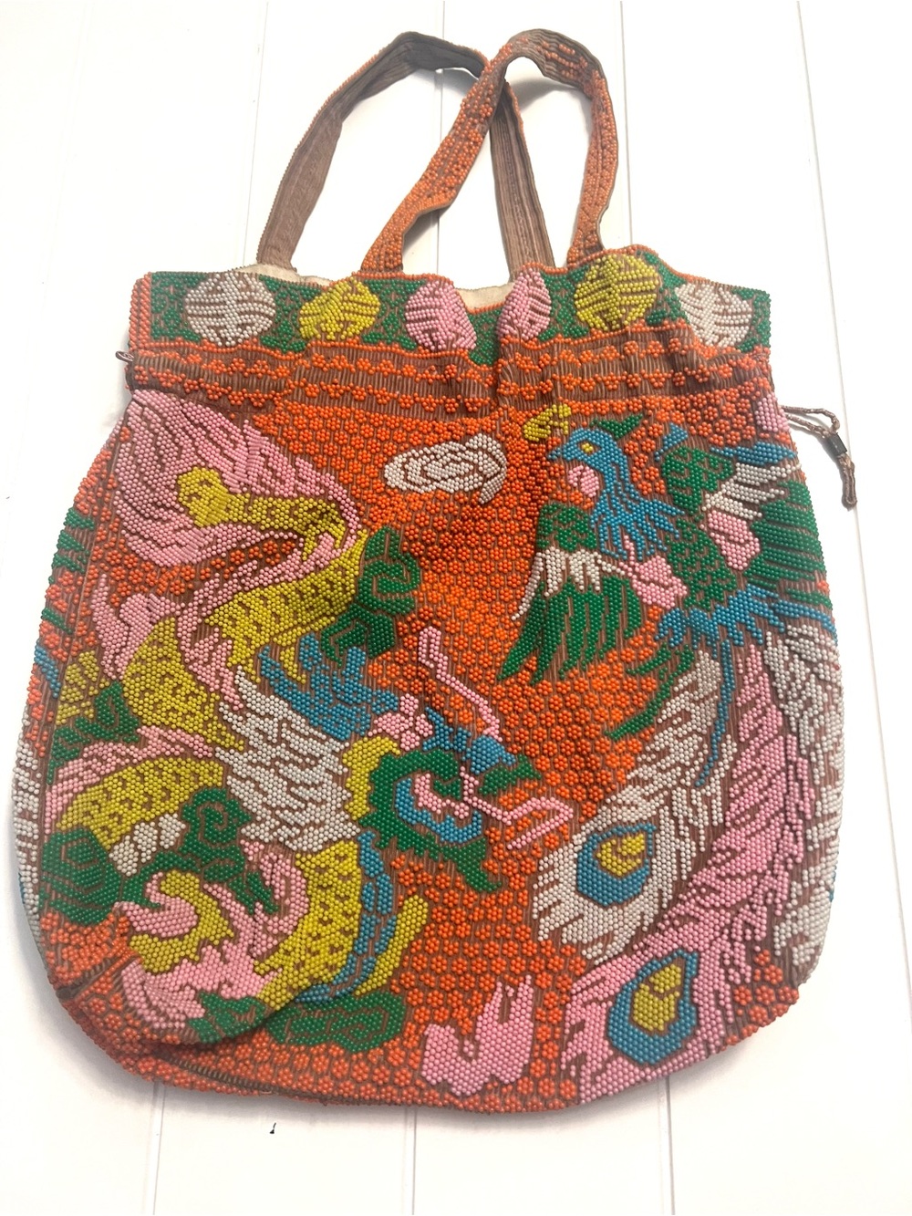 Vintage 70s Candy Bead Peacock Phoenix Tote Bag Drawstring Boho Dragon & Bird